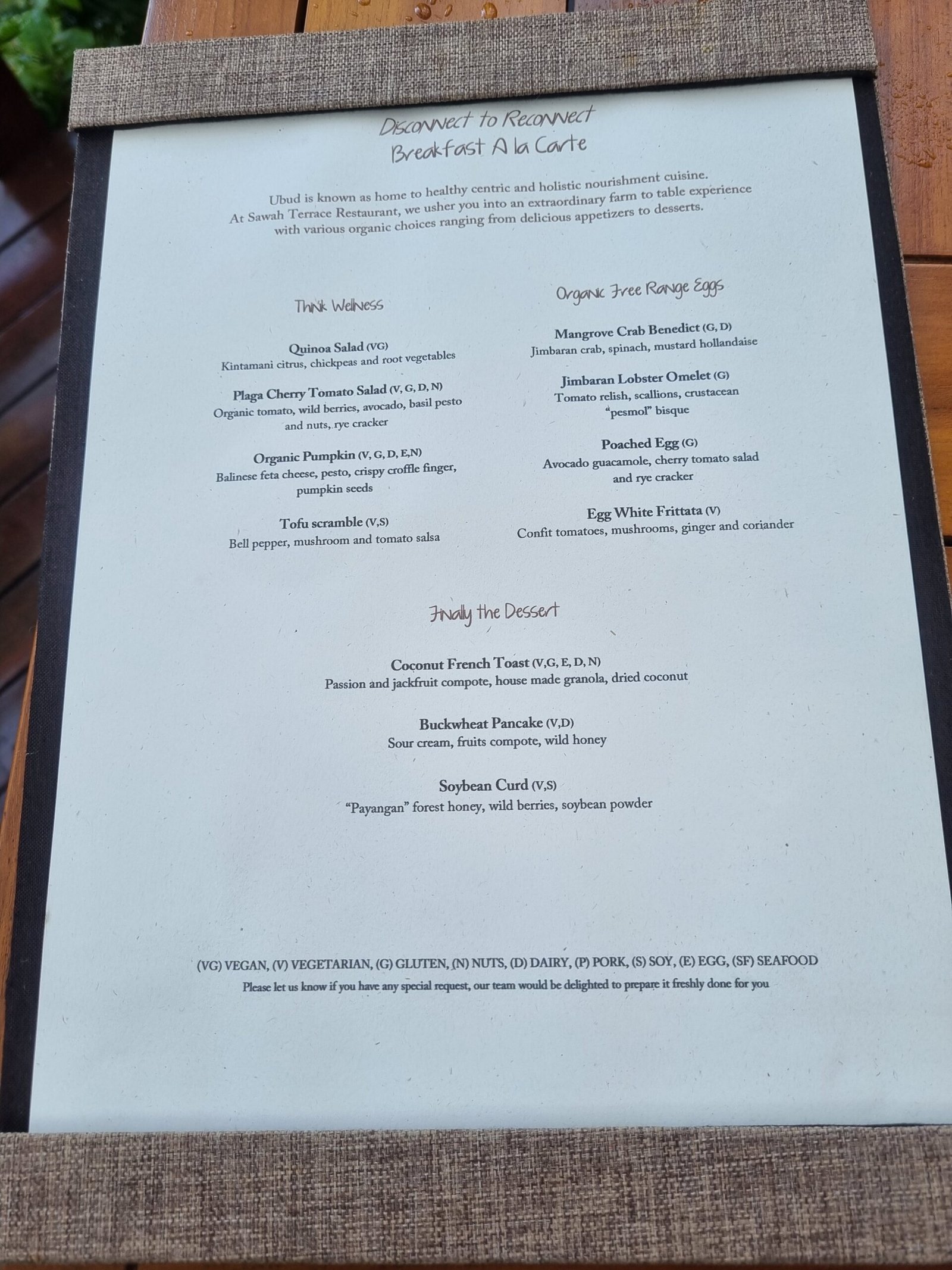Mandapa Ritz Carlton Reserve Breakfast A la Carte Menu